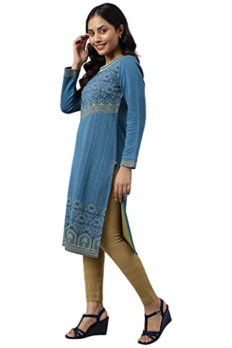 Image of Aurelia Women Faience Cotton Blend Floral Yarn Dyed Straight Kurta
