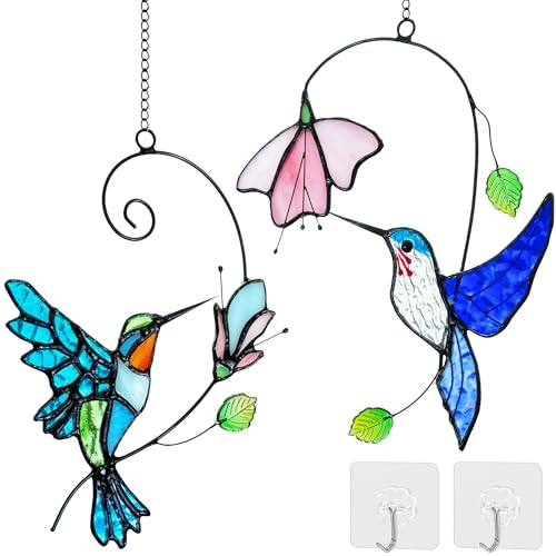 Image of 2 Packs Hummingbird Stained Glass Window,Stained Glass Window Hanging,Hummingbird Ornament,Handmade Real Suncatchers Decor Gift for Women Mom Grandma Bird Lovers