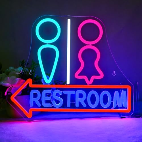 Image of Restroom with Arrow Neon Signs for Wall Decor Dimmable LED Gender Bathroom Sign,USB Powered Light for Bar Restaurant Business Bathroom Cafe Shop Home
