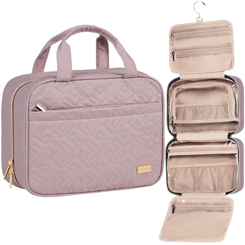 Image of NISHEL Travel Toiletry Bag for women, Portable Hanging Organizer for Travel-Sized Shampoo, Conditioner, Brushes Set, Makeup Accessories, Medium Size, Peach Pink