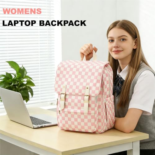 Image of Women Laptop Backpack, Corduroy 15.6 inch Travel Backpack for Work College Business, Teacher Nurse Bag with Large Capacity School Bookbag Bags for Girls - Checkered Pink