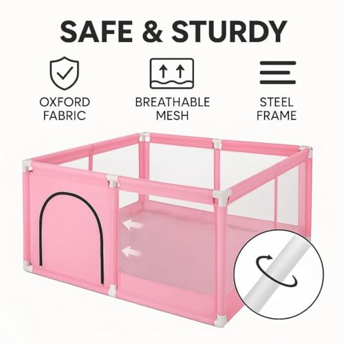 Image of Baby Playpen with Balls - Portable Play Yard with Mesh Panels for Safety & Visibility, Indoor /Outdoor Toddler Activity Fence for Boys & Girls (Pink)