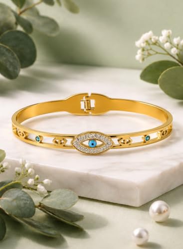 Image of Stylish Gold Plated Bangle for Women | Daily Use Stainless Steel Kada | Anti-Tarnish Waterproof Cuff | Multicolour Crystal Evil Eye | Daily Wear Bracelet For Womens | Premium Gift For Girl
