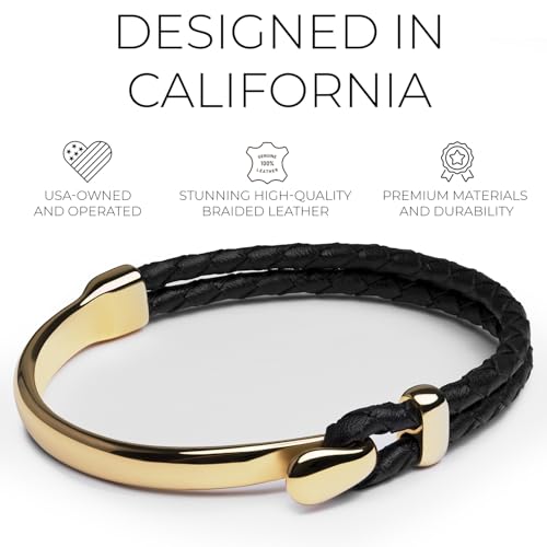 Elegatto Signature Gold Bracelet for Men | Braided Full-Grain Black Leather with 18k Gold-Plated Stainless Steel Hook Closure | Men’s Designer Jewelry Bracelets2
