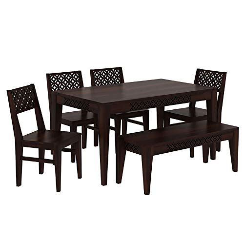 Image of Solid Sheesham Wood 6 Seater Dining Table with 4 Chairs and 1 Bench for Living Room Home Office Dining Room Wooden Furniture Dinner Table Set (Walnut Finish)