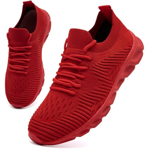 VLHGCG Men Women Trainers Slip on Gym Walking Breathable Shoes Non Slip Running Trainer Comfortable Soft Workout Sports Casual Lightweight Sneakers Red Size UK 9