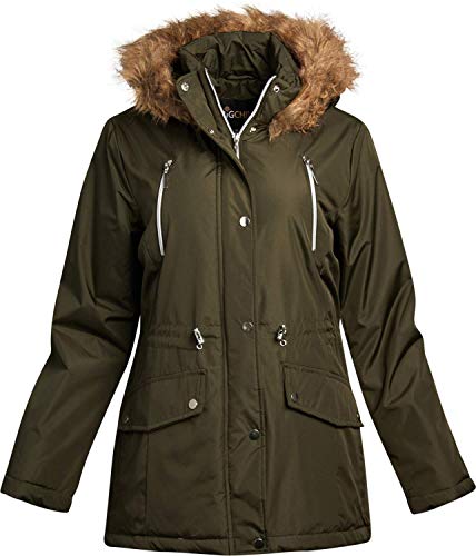 Big Chill Women's Winter Coat  Heavyweight Parka Anorak Long Length Jacket with Faux-Fur Trim Hood, Size Medium, Olive