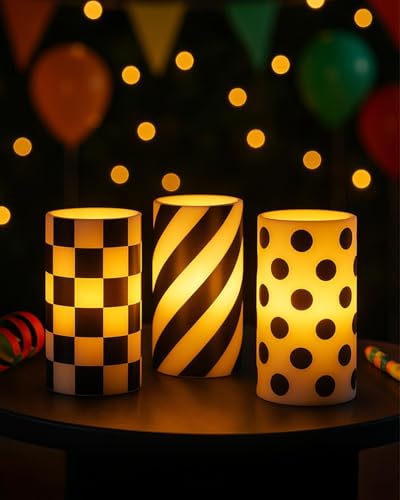 Image of 3 Pcs Checked Black and White Candles with Timer Remote | Battery Operated Pillar Flameless Candle for Birthday Gifts Holiday Decor Home Party Festival