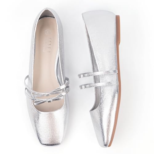 Image of MUSSHOE Mary Jane Shoes Womens Ballet Flats with Strap Comfortable Flats for Women Square Closed Toe Shoes Silver