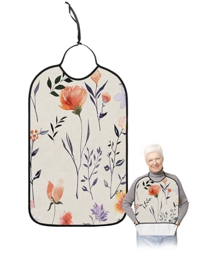 Farmhouse Floral Adult Bib for Adults Men, Women, Washable & Adjustable Terry Cloth Bib with Crumb Catcher Reusable Waterproof Clothing Clothes Protector Apron Botanical Wildflower Leaves