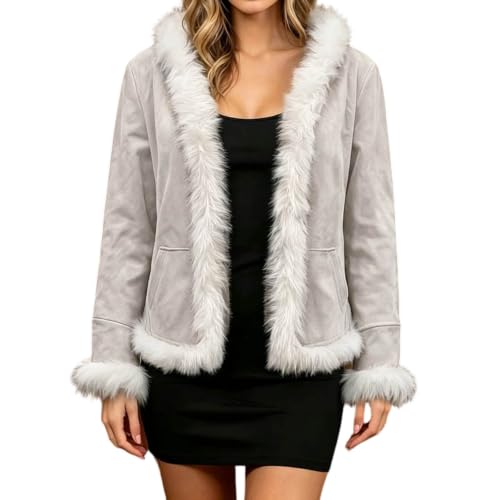 Open Front Faux Fur Trim Jackets with Pockets Christmas Cardigan for Women - image 1