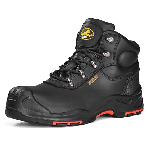 SAFETOE Botas de seguridad para hombre, botas de trabajo con puntera compuesta, ligeras, de piel de vaca, a prueba de pinchazos, botas de trabajo de ajuste ancho, Negro oscuro【Puntera compuesta】, 9