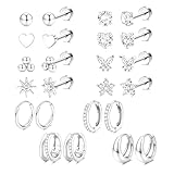 12 Pairs Titanium Steel Zirconia Stud Earrings Set, Hypoallergenic Flat Back Cartilage Earrings for Women, Sparkling Threadless Helix Piercing Jewelry Gift (Silver)