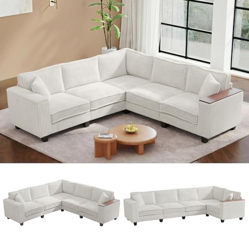 Image of 97 inch L Shaped Sectional Couch, Comfy Corduroy Sectional Couch, Modular Convertible V Shaped Couch, 5 Seat Corner Sofa with 2 Pillows & Storage Armrests for Living Room, Cream