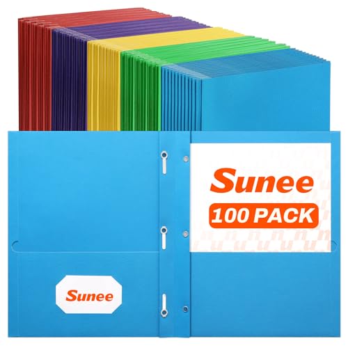 SUNEE 2 Pocket Folders with Prongs (100 Pack, 5 Colors), Paper Folders with 2 Pockets and 3 Prongs Fit Letter Size Paper, Folders with Prongs for School Office Home Business
