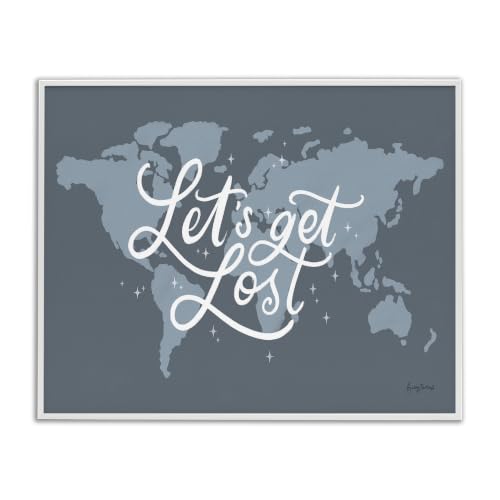 'Let's Get Lost Adventure Phrase Blue World Map'| Framed Giclee Art