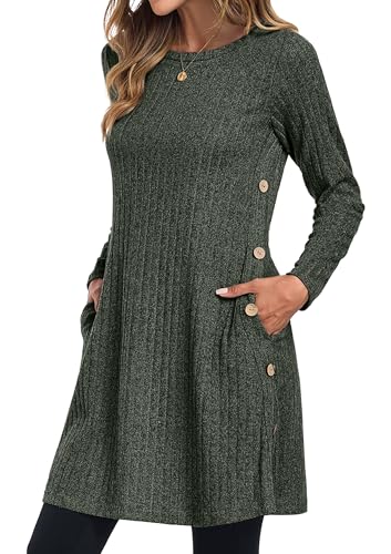 GRECERELLE Herbstkleid Winterkleid Strickkleid Damen Langarm Kleid Tunika Kleid Jumper Kleid mit Knöpfen und Taschen (Armeegrün, XL)