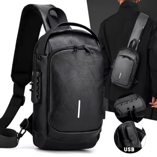 Bolsa Masculina Pochete de Couro Antifurto, Impermeável, com USB, Transversal, Couro, Anti-Roubo, Es