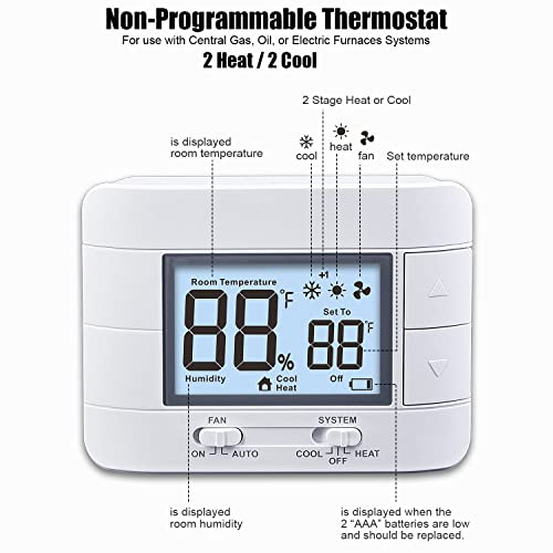 New 2023! Aowel Aw711-W Non-Programmable Thermostat For Home, Up To 2 Heat/ 2 Cool, With Room Temperature & Humidity Monitor, Diy Install, C-Wire Not Required #TOP3