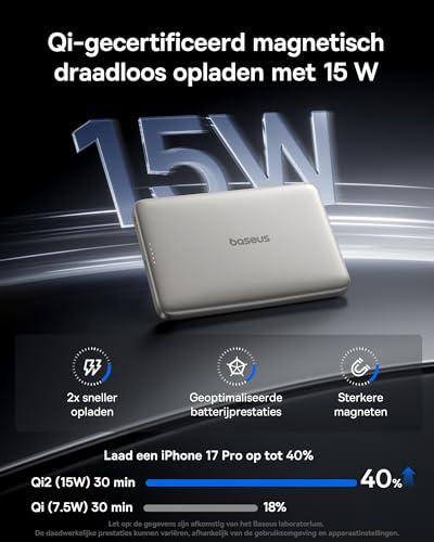 Baseus Picogo AM41 Power Bank, 10.000 mAh Qi2 Magsafe Powerbank, Ultra Slim, 15 W draadloos, PD 27 W snel opladen, magnetische externe batterij voor iPhone 17/16/15/14/13/12, Titanium - Afbeelding 4