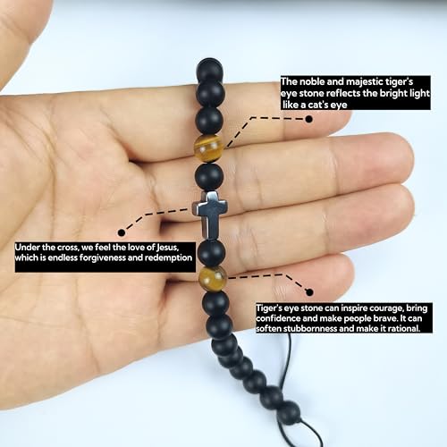 Image of Adjustable Cross Beaded Bracelet for Baptism First Communion-Tigers Eye Omamori Lucky Charm Gift .Feng Shui Bracelet.