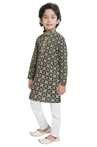 Image of TinySteps Boys' Ethnic Wear - Cotton Lakhnavi Chikan Kurta with Golden Sequence Work and Elastic Waist White Cotton Pajama - Festive & Wedding Outfit
