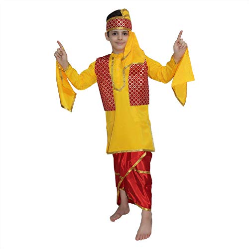 Image of Kaku Fancy Dresses Indian State Punjabi Folk Dance Costume For Kids /Bhangda Gidda Dance Costume For Boys - Yellow & Red, 5-6 Years
