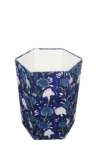Image of Generic 3.3 Gallon Cotton Hand Block Printed Paper Waste Basket |Small Decorative Trash Can for Housewarming Gifts in Living Room, Bedroom, Bathroom | Eco-Friendly, Plastic-Free (1, BLUE FLOWAR)
