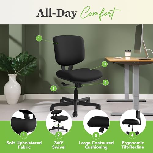 Image of HON Volt Armless Ergonomic Office Chair Adjustable Center-Tilt ReclineRolling Swivel Chair - Black Fabric + OFM Office Chair Mat for Carpeted Floors (36 inch x 48 inch)