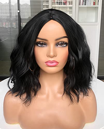 Curly Bob Wig Short Wavy Curly Black Wig for Women Shoulder Length Synthetic Women’s Wig (12inch, 1B-1)