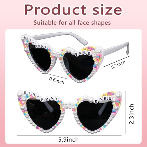 Rowbaty Heart Shaped Birthday Glasses for Women, Rhinestone & Pearl Decorated Sunglasses, Birthday Party Accessories Gifts for Her, White