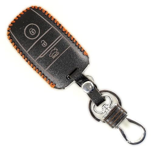 Image of Leather Smart Car Key Cover Case with Metal Hook Keychain for Kia Seltos, Sonet, Carens (Black)