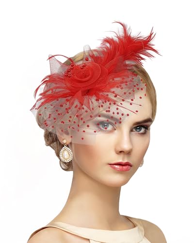 Zinniday Derby Hats for Women 2026 - Victoria Red Kentucky Elegant Feather Mesh Fascinators Hat with Detachable Headband 1920s Tea Party Headwear for Church Cocktail Party Prom Carnival Halloween