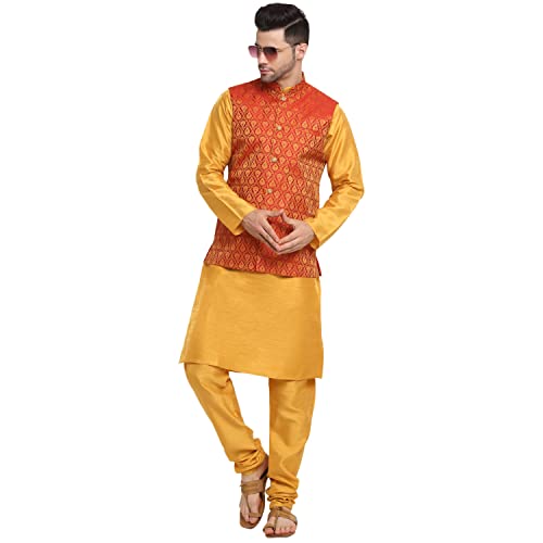 Image of KRAFT INDIA Mens Gold Silk Blend Kurta and Churidar Set With Jacquard Paisley Nehru Jacket