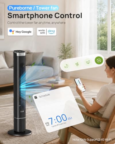 42” Tower Fan for Home Bedroom, WiFi, 25dB Ultra-Quiet, Black - Image 2