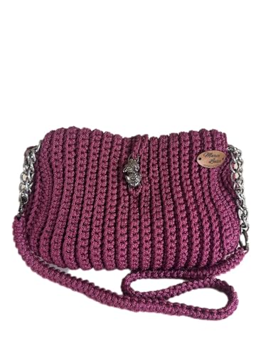 Bolsa Luciana de Crochê Vinho em Fio Náutico, Ferragens Ônix com Fecho Tigre, Forro com Bolso Interno, Bolsa Feminina Artesanal