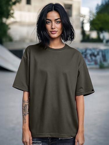 Image of Bewakoof Women's Solid Oversized Fit Half Sleeve Round Neck Cotton Jersey T-Shirt