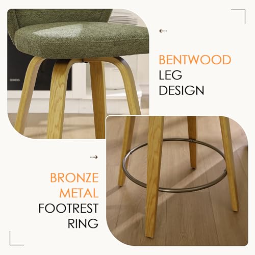 Image of HNY Swivel Counter Height Bar Stools, 26 Inch, Green, Set of 4 | Natural Wooden Leg and Back, Modern Chenille Upholstered, For Kitchen Island