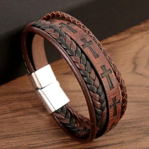 Mens Leather Cross Bracelet Multi-Layer Braided Faith Bracelet Religious Wristband Father's Day 8.5" Memory Bangle with Stainless Steel Buckle2