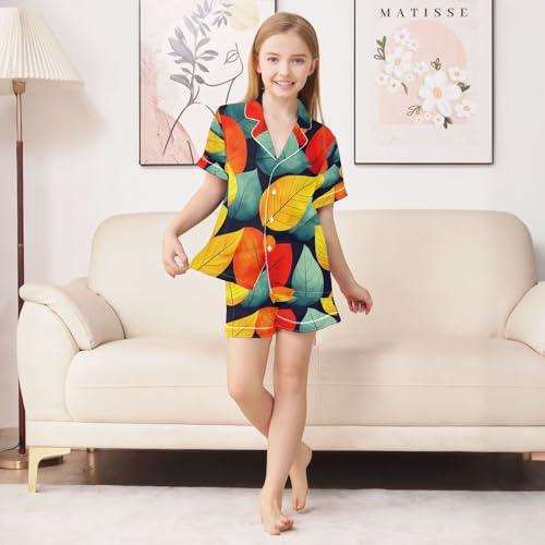 senya Pajama Sets Silky Button Down Nightwear Sleepwear Size 5-14 Years Yellow Green Red Leaves3