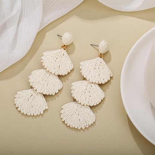 Raffia Shell Earrings for Women, Summer Beach Vacation Jewelry, Lightweight Handmade Dangle Earrings4