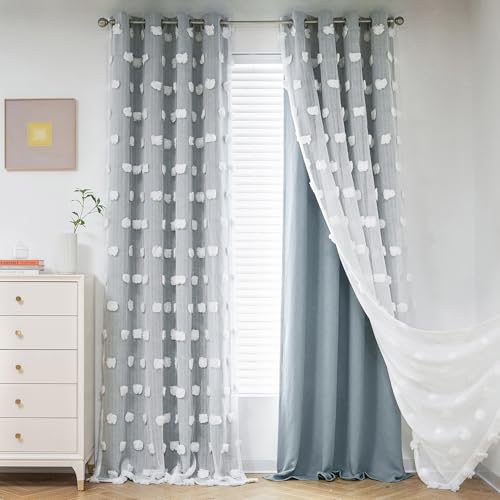 Image of MYSKY HOME Dusty Blue Living Room Curtains 90 Inch Long Double Layer Blackout Curtains for Bedroom White Pom Pom Sheer Curtains for Kids Room Darkening Grommet Top Nursery Window Panels 52 x 90 in