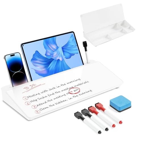 Scribanx Glass Desktop Whiteboard with Storage, Desk Dry Erase Board Small White Board for Desk, Computer Keyboard Stand Includes 4 Markers, 1 Eraser for Office, Home, School Supplies