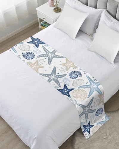 Blue Khaki Coral Bed Runner for King Size Bed, Bedspread Protector Slipcover Bed Scarf for Foot Bed Runners & Scarves for Bedroom Hotel 102x20 Spring Summer Coastal Starfish Beach Nautical Conch