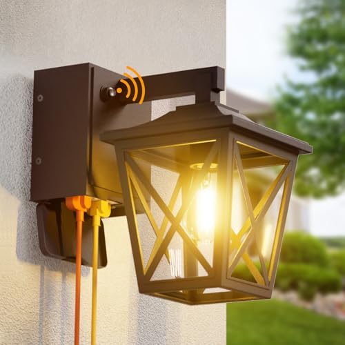 Image of Ehaho Porch Lights with Outlet, Dusk to Dawn Outdoor Light Built-in, Waterproof Anti-Rust Lantern Outside Light with GFCI Outlet, Wall Sconce Light with Plug for Front Door (Brown 1 PC)