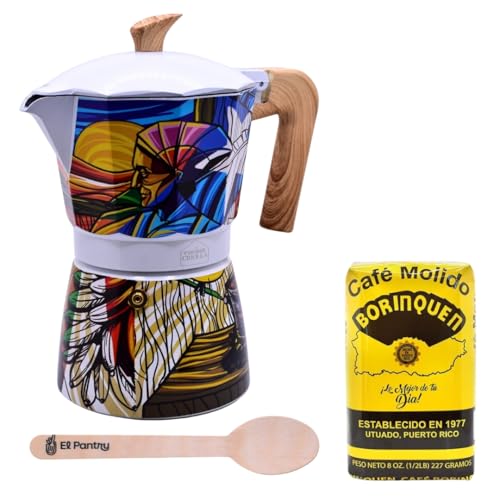 Puerto Rico Greca de Cafe Gift Set | Boricua Art Stovetop Coffee Maker & Moka Pot | with Authentic Cafe Borinquen | Cafetera, 6 Espresso Cups