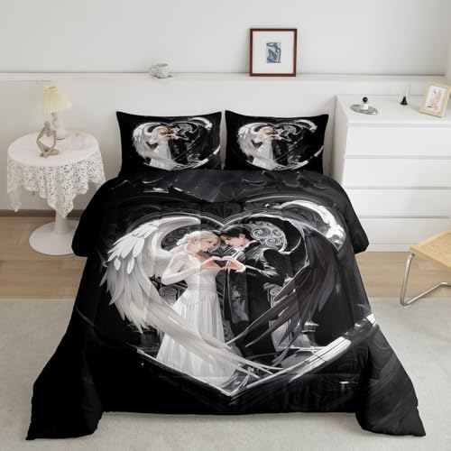 Image of Erosebridal Angel Wings Kids Bedding | Black and White Angel Queen Comforter Sets,Romance Love Comforter Princess Fairy Style Duvet Insert with 2 Pillow Cases