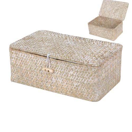 Cesta de Almacenamiento de Mimbre Tejida de Ratán con Tapas, Cesta de Almacenamiento Rectangular Tejida a Mano con Tapa, Cestas de Almacenamiento de Mimbre, para Organizar Juguetes, Ropa (M, Blanco)