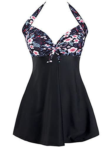 Sixyotie Femme Maillot de Bain Une Pièce Taille Haute Rétro Monokini à avec Jupette Fleur Amincissant (Pink Flower,2XL)
