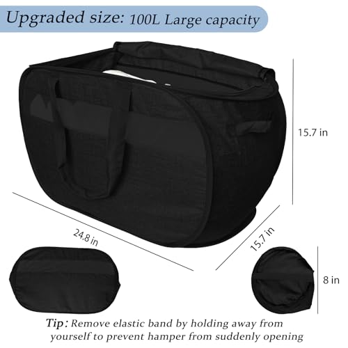 Image of 100L Extra Large Mesh Pop Up Laundry Hamper with Lid & Handles 2 Pack, XL Foldable Dirty Clothes Basket for Home Dorm Closet Storage, Portable Laundry Bin, Black. 2H